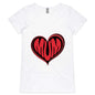 White women's V-Neck t-shirt featuring red 'MUM' heart design, perfect for Mother's Day celebrations.