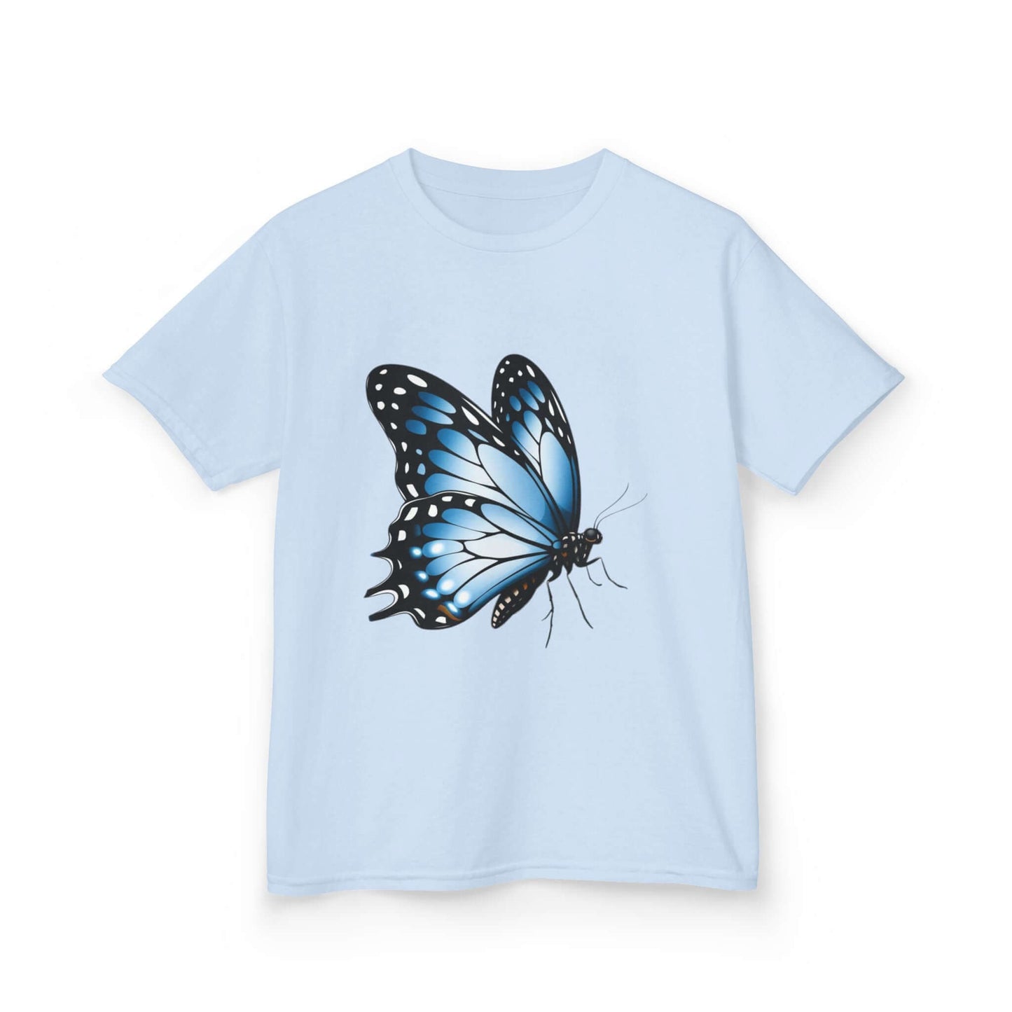 Light blue kid's T-shirt featuring a beautiful blue butterfly design, perfect for nature and animal lovers.