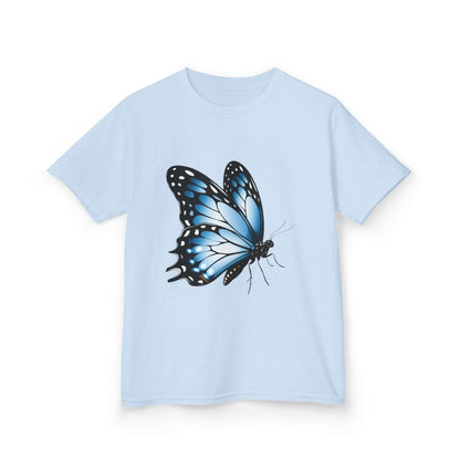 Light blue kid's T-shirt featuring a beautiful blue butterfly design, perfect for nature and animal lovers.