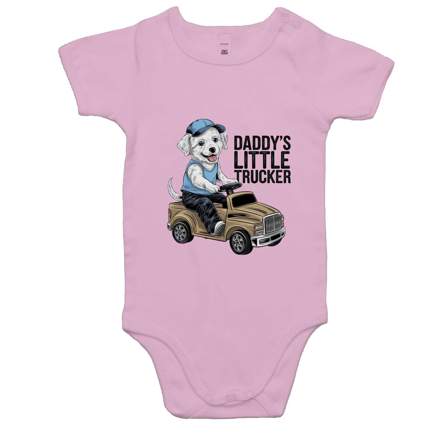 Baby onesie featuring a cute puppy riding a truck with text 'Daddy's Little Trucker' in pink color.
