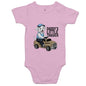 Baby onesie featuring a cute puppy riding a truck with text 'Daddy's Little Trucker' in pink color.
