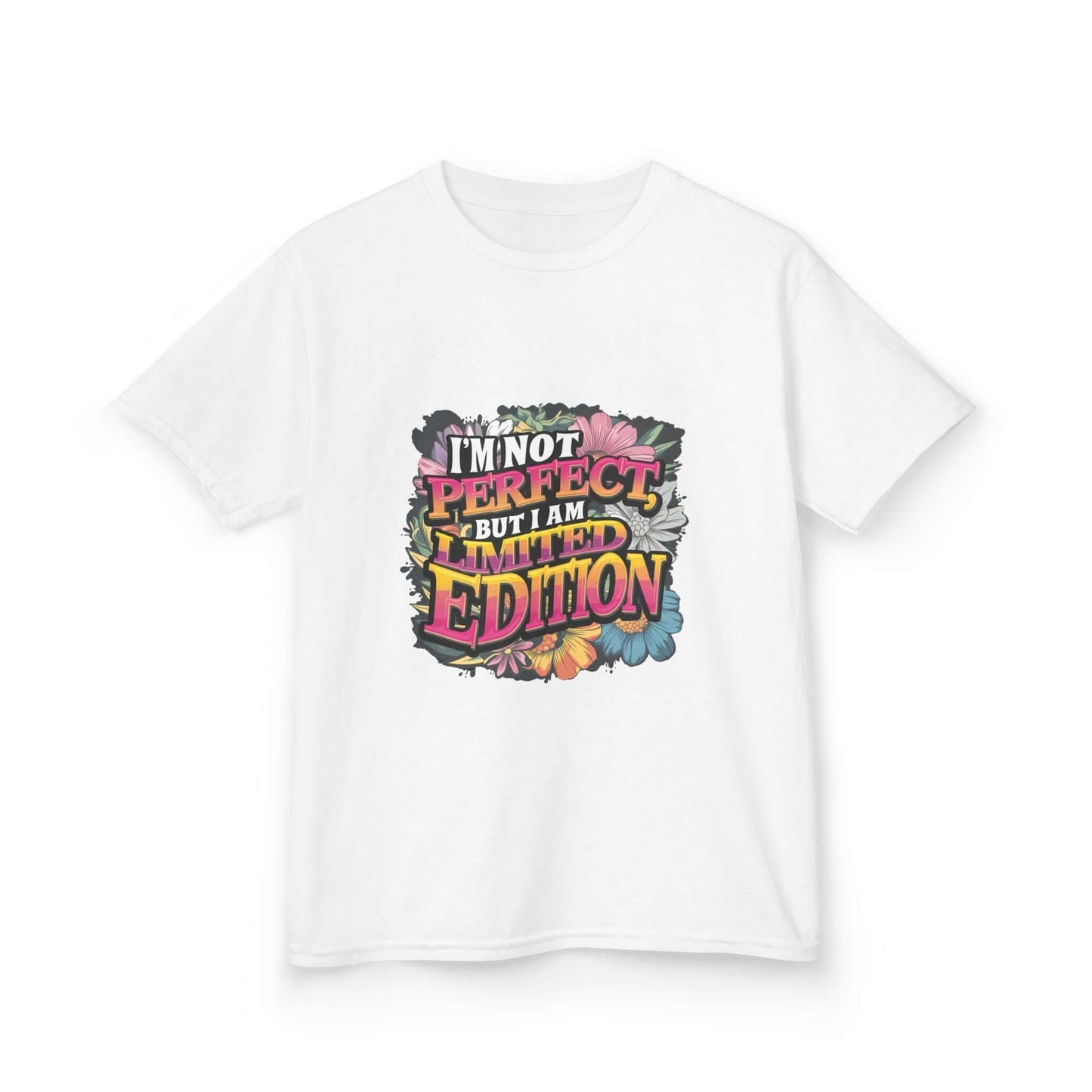 Kids tee with funny quote 'I'm not perfect but I am Limited Edition' and colorful floral design.