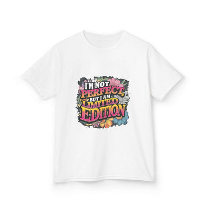 Kids tee with funny quote 'I'm not perfect but I am Limited Edition' and colorful floral design.
