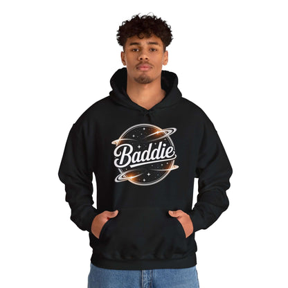 Hooded jumper featuring 'Baddie' universe design with retro vibe, perfect for trendy casual wear.