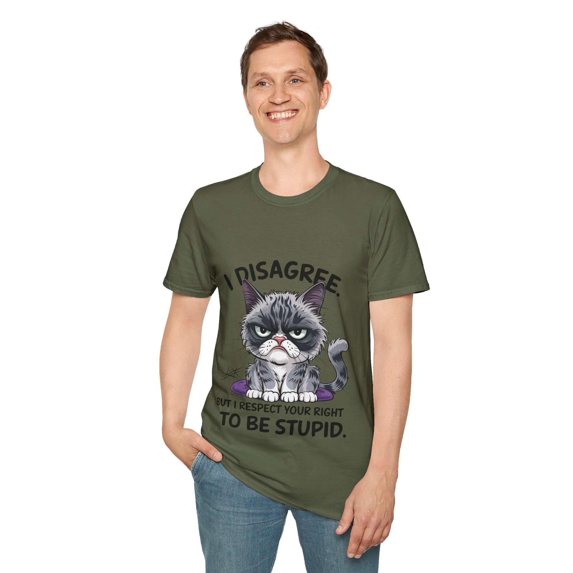 Grumpy cat t-shirt with funny quote 'I disagree but I respect your right to be stupid', modeled by a man.