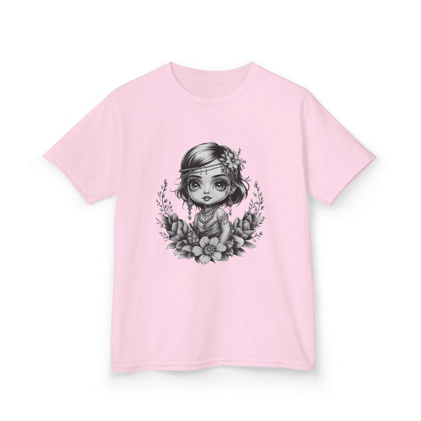 Black and white chibi-style illustration of a young girl with jewelry and flowers on a pink kids tee.