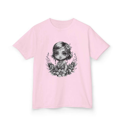 Black and white chibi-style illustration of a young girl with jewelry and flowers on a pink kids tee.