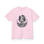 Black and white chibi-style illustration of a young girl with jewelry and flowers on a pink kids tee.