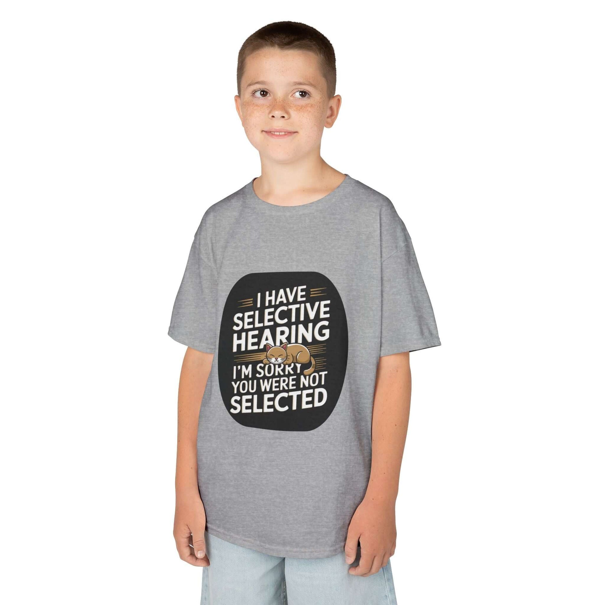 Kids Tee featuring a sleeping cat and quote 'I have selective hearing I'm sorry you were not selected'.