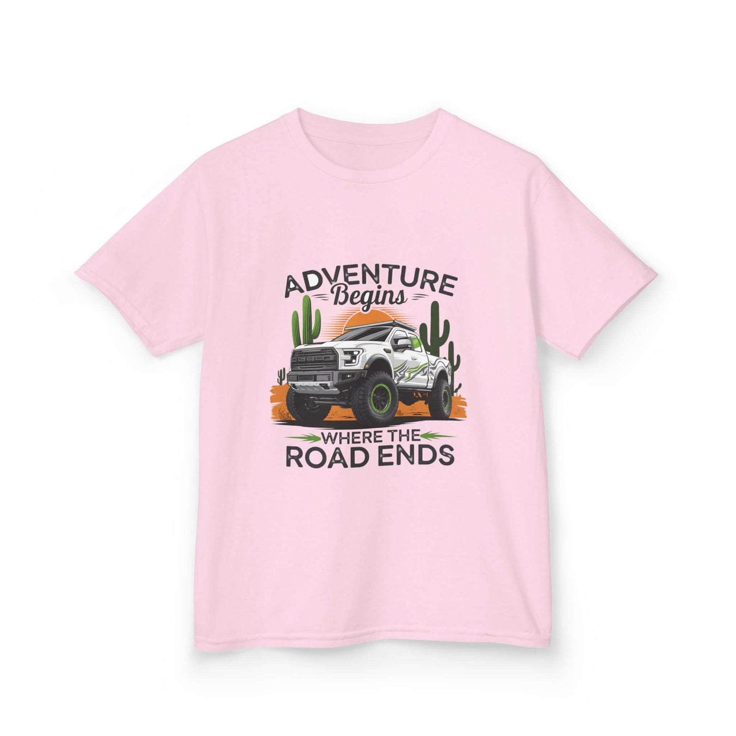 Kids t-shirt featuring an off road truck in sunset desert with text 'Adventure begins where the road ends'