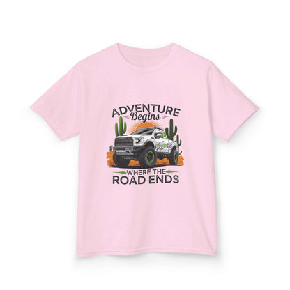 Kids t-shirt featuring an off road truck in sunset desert with text 'Adventure begins where the road ends'