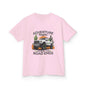Kids t-shirt featuring an off road truck in sunset desert with text 'Adventure begins where the road ends'