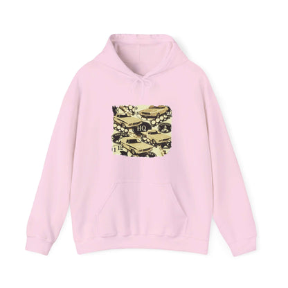 Vintage Holden hoodie in pink featuring iconic HQ Kingswood muscle cars design, perfect for Australian car enthusiasts.