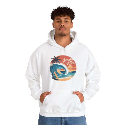 Unisex Vintage Sunset Beach Hoodie with Gnarly Vibes surf culture design, big wave scene, and tropical sunset colors.