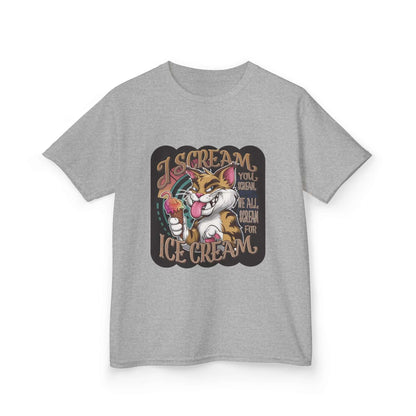 Kids Tee with playful cat eating ice cream design and text 'I scream you scream we all scream for ice cream'