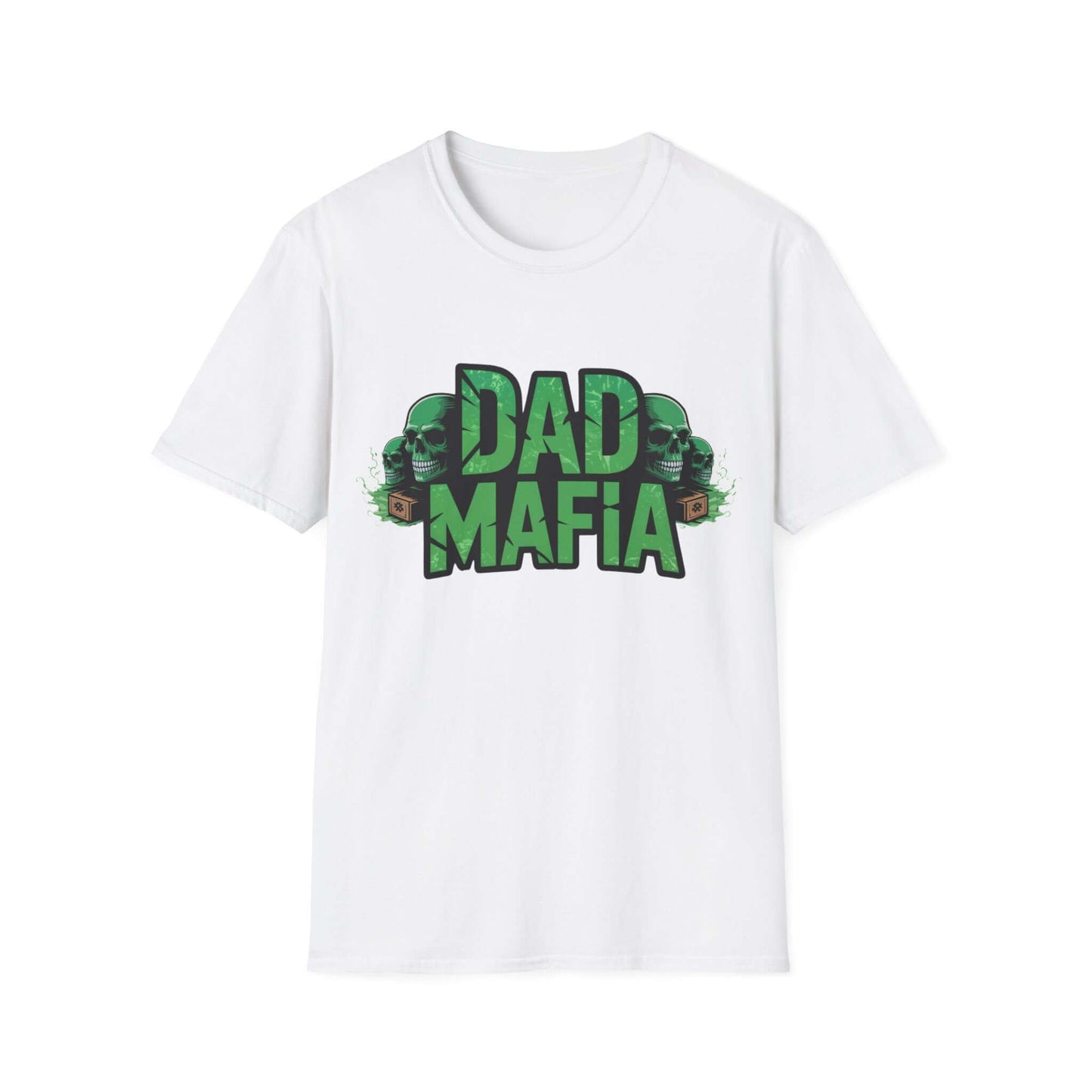 DAD MAFIA unisex T-Shirt featuring distressed black lettering and neon green skull accents, perfect for casual occasions.