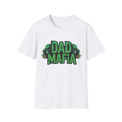 DAD MAFIA unisex T-Shirt featuring distressed black lettering and neon green skull accents, perfect for casual occasions.