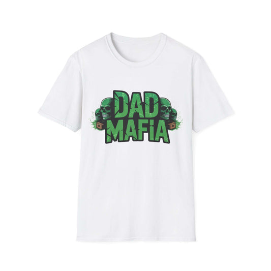 DAD MAFIA unisex T-Shirt featuring distressed black lettering and neon green skull accents, perfect for casual occasions.
