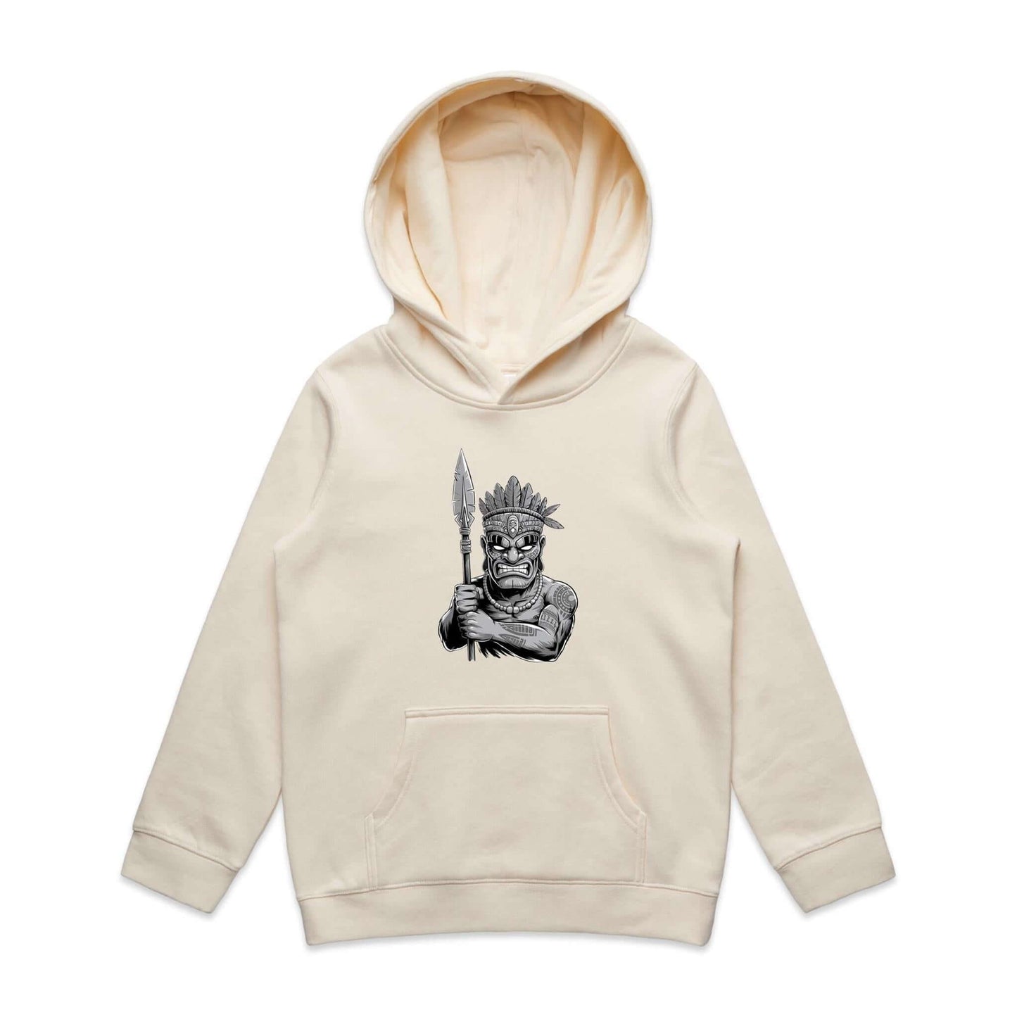 Kids Hoodie featuring a black and white Tiki character design with spear, perfect for fun and unique kids' fashion.