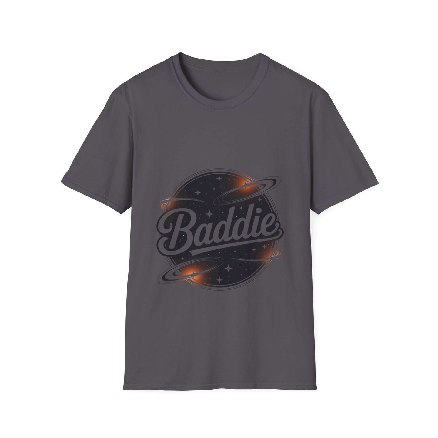 Unisex soft-style T-shirt featuring retro Baddie universe design with planets and stars in trendy.