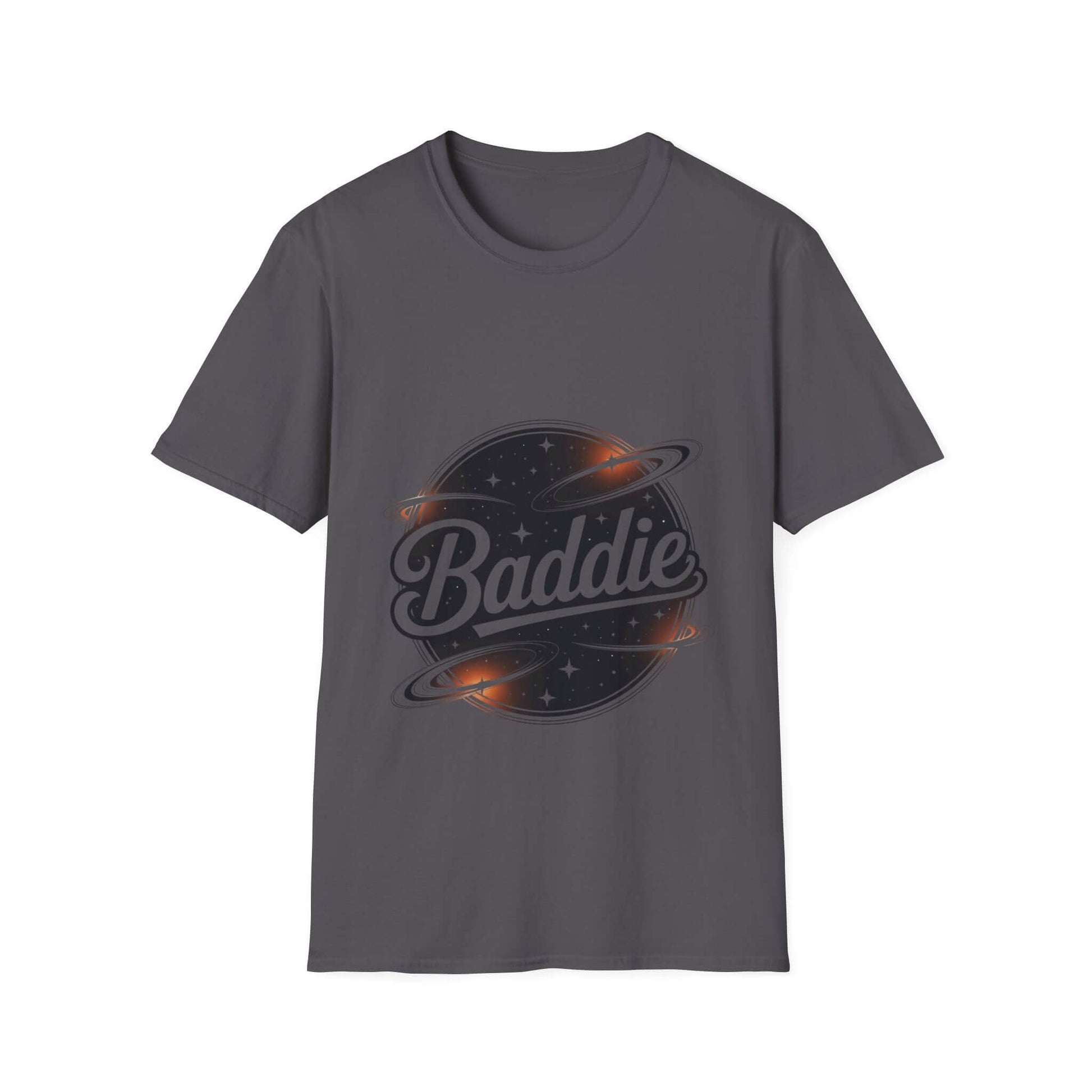 Unisex soft-style T-shirt featuring retro Baddie universe design with planets and stars in trendy.