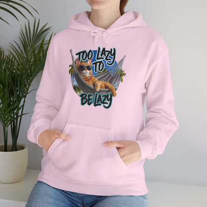 Pink hooded sweatshirt featuring lazy cat at the beach design and text 'Too Lazy to be Lazy' for relaxed summer vibes.