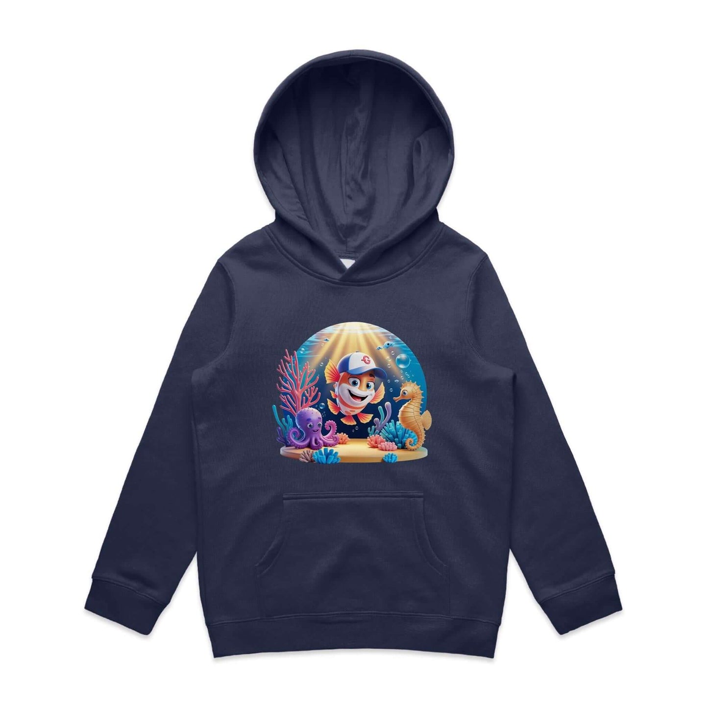 Colourful cartoon sea life hoodie for kids featuring a cute fish, octopus, and seahorse character.