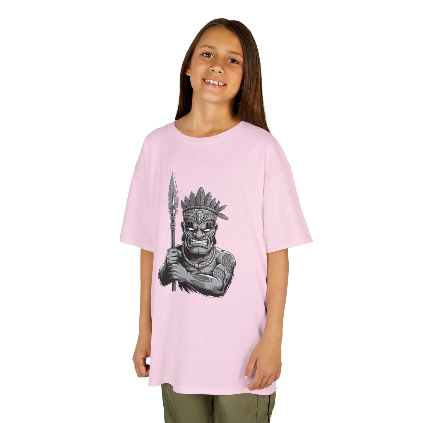 Kids black and white Tiki character tee on child, showcasing fun fashion for playful occasions and unique style.