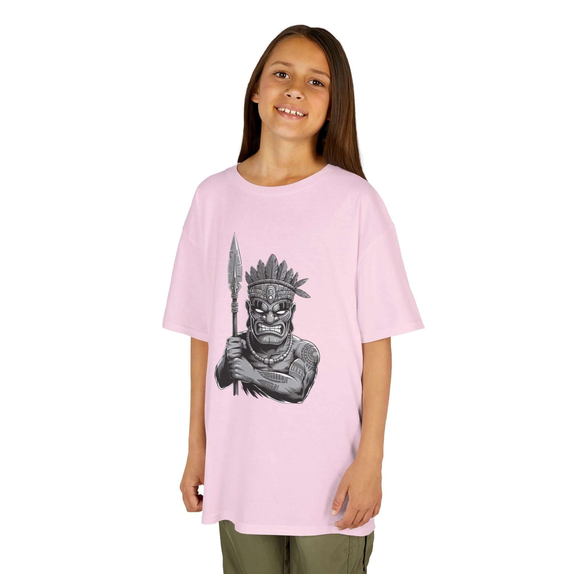 Kids black and white Tiki character tee on child, showcasing fun fashion for playful occasions and unique style.