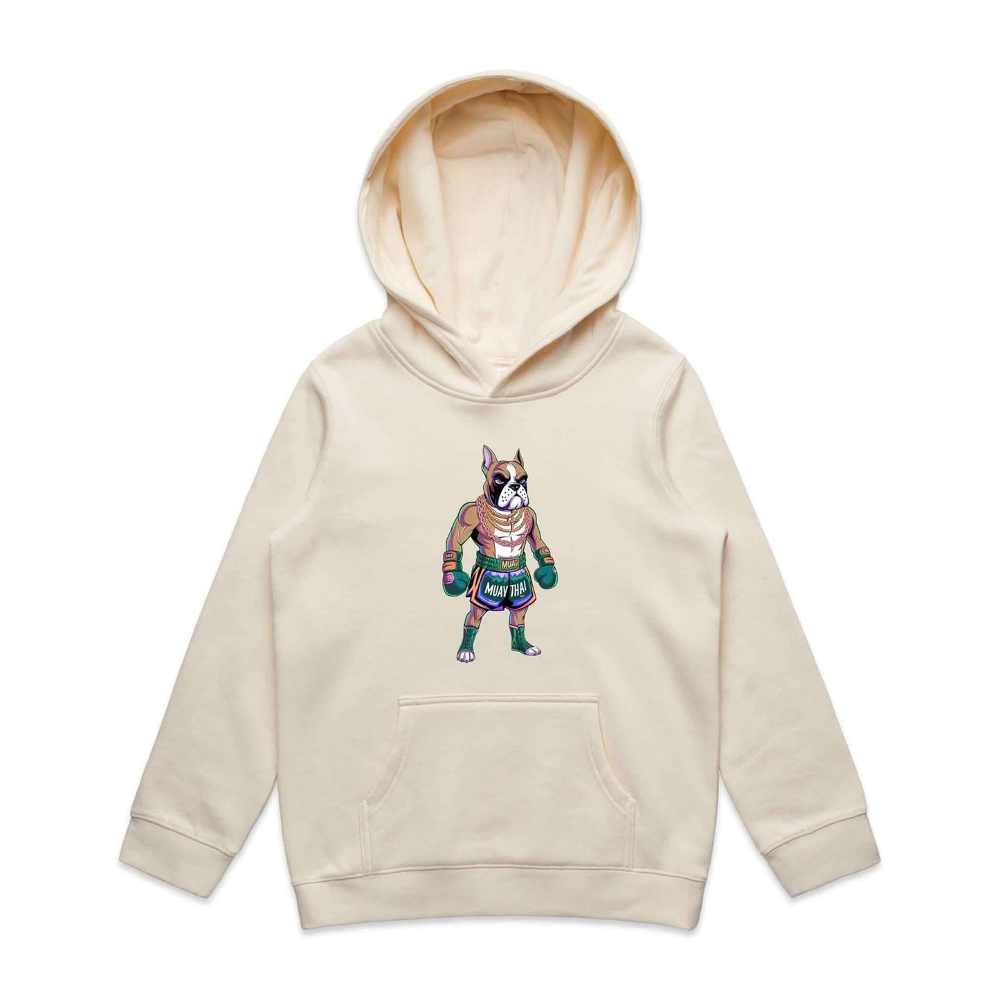 Cartoon boxer dog dressed as a Muay Thai fighter in a youth hoodie, showcasing dog lover and fight night themes.
