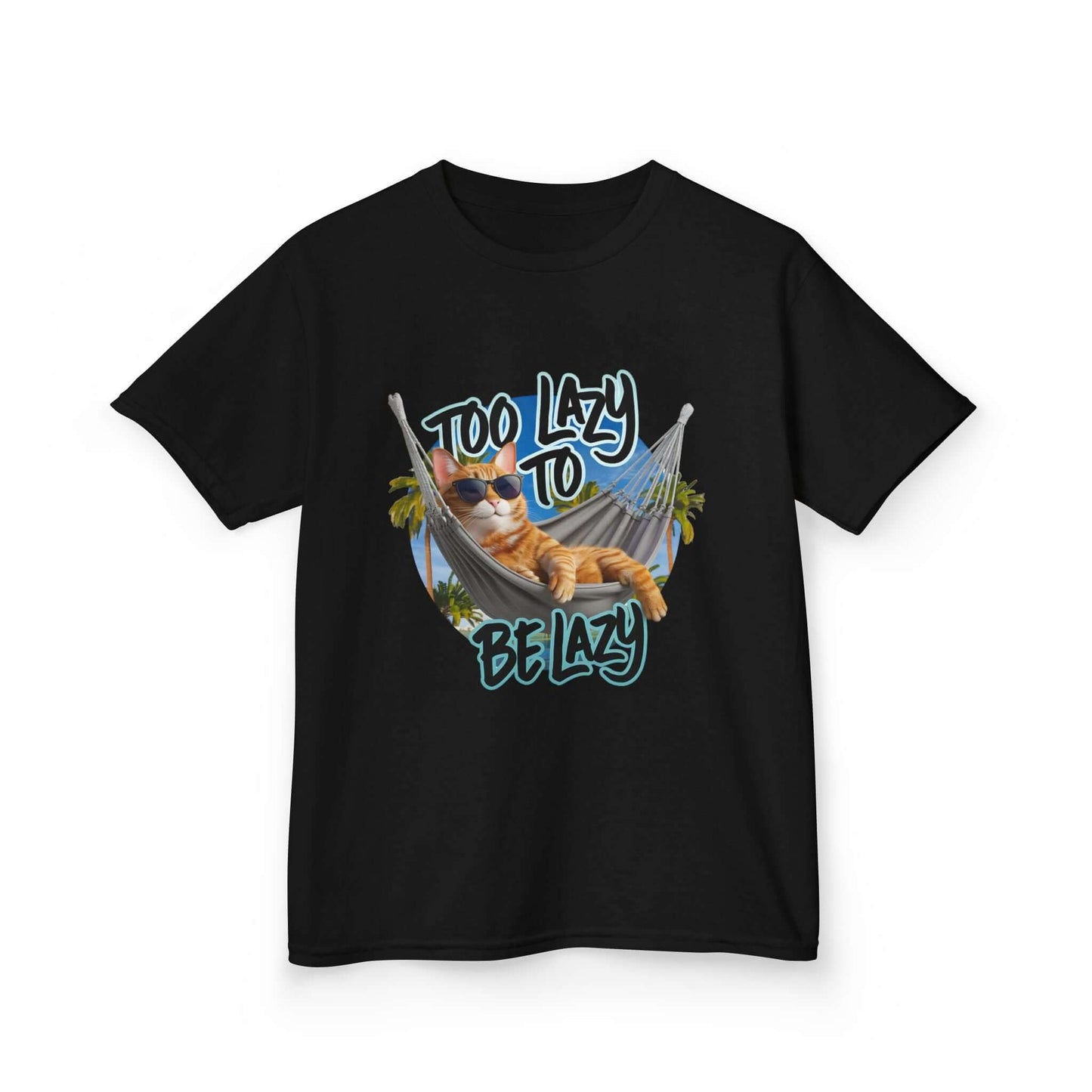  Black Kids tee featuring lazy cat at beach design and text 'Too Lazy to be Lazy', perfect for summer fun.
