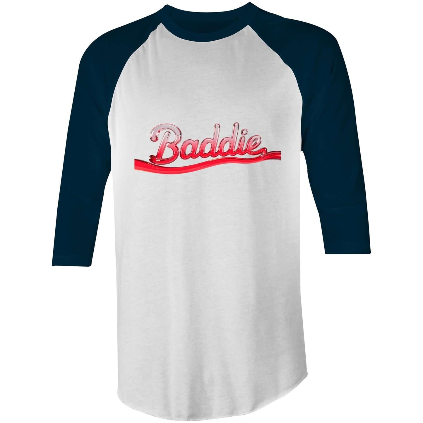 Trendy AS Colour Baddie 3/4 sleeve tee featuring translucent red typography design, perfect for cool streetwear styles.