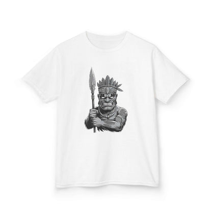 Kids tee featuring a black and white Tiki character with spear, perfect for fun fashion and stylish playdates.