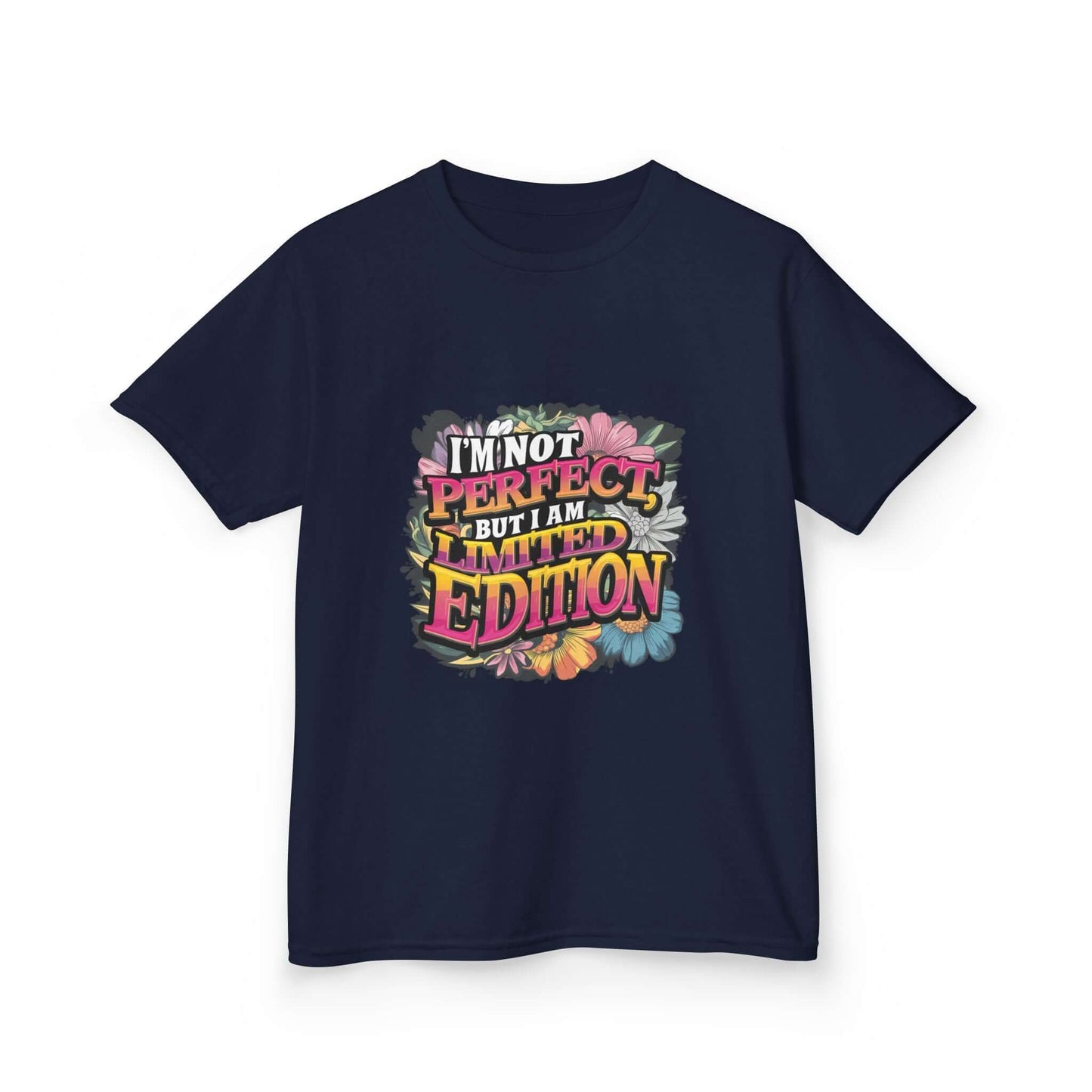 Kids tee with colorful floral design and funny quote: "I'm not perfect but I am limited edition".