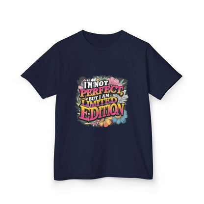 Kids tee with colorful floral design and funny quote: "I'm not perfect but I am limited edition".