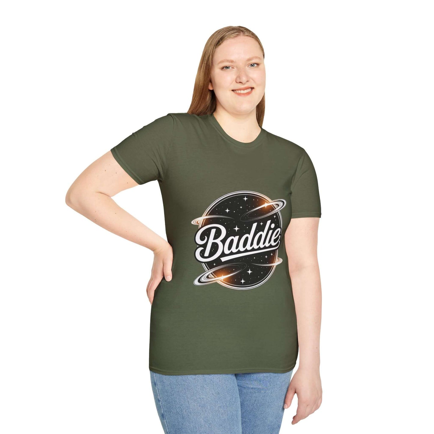 Unisex softstyle t-shirt featuring retro 'Baddie' universe design, trendy and comfortable for casual wear.