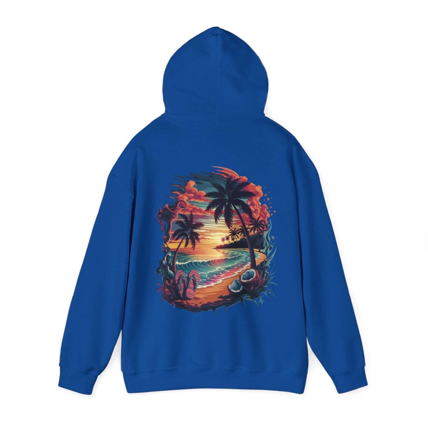 Hooded sweatshirt featuring a tropical sunset beach design with palm trees, perfect for summer vibes and coastal fashion.