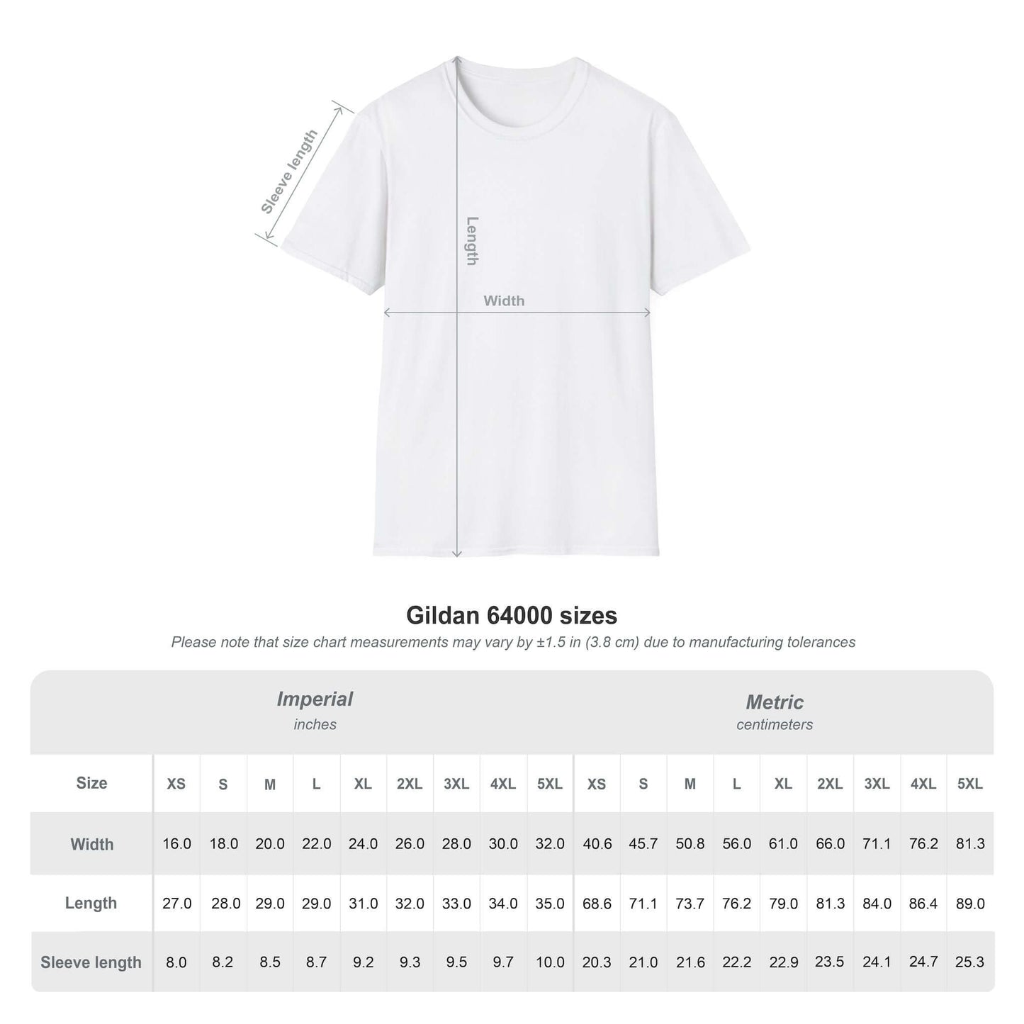 Gildan 64000 T-shirt size chart with measurements in imperial and metric for width, length, and sleeve length.
