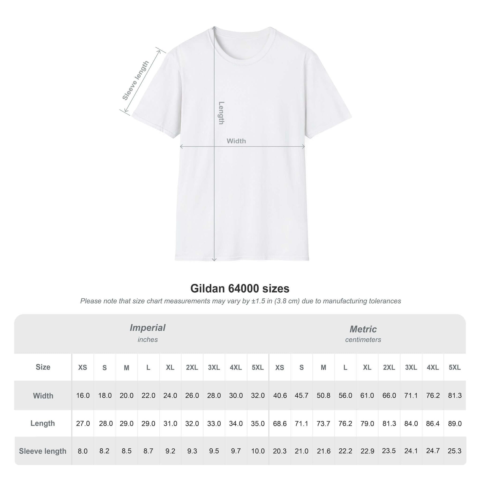 Gildan 64000 T-shirt size chart with measurements in imperial and metric for width, length, and sleeve length.