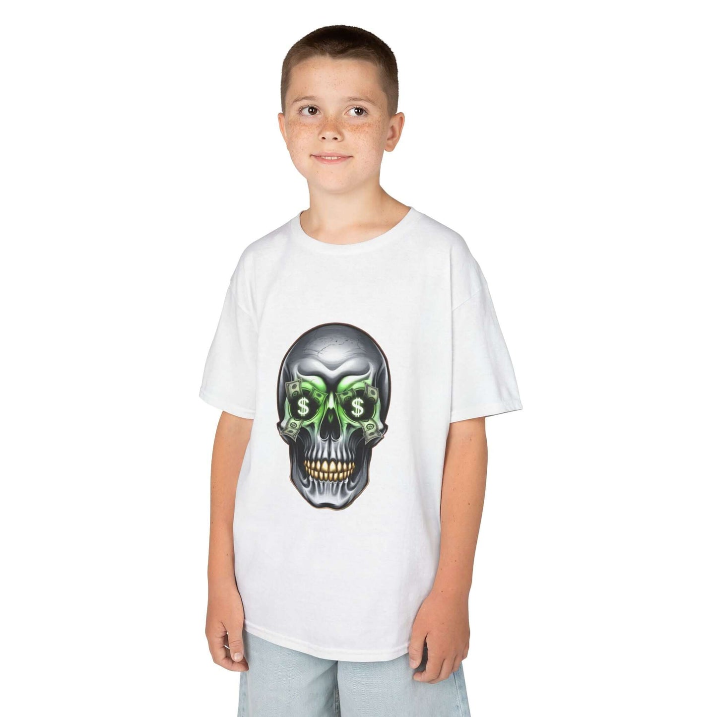 Cool skull kid's T-shirt with money symbols and dollar bills in eye sockets, perfect for streetwear fashion.