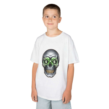 Cool skull kid's T-shirt with money symbols and dollar bills in eye sockets, perfect for streetwear fashion.