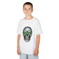 Cool skull kid's T-shirt with money symbols and dollar bills in eye sockets, perfect for streetwear fashion.