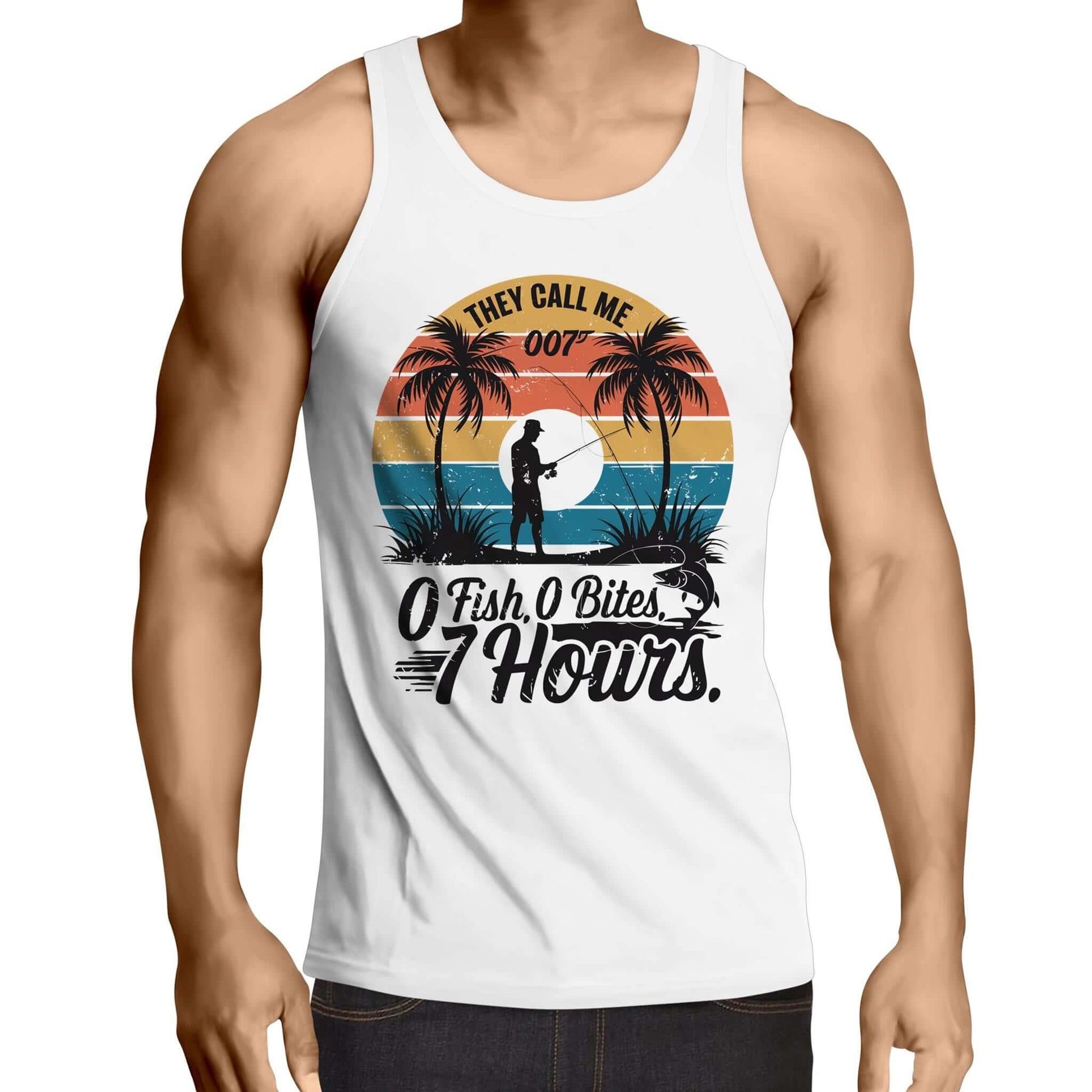 Funny fishing quote men's singlet top with retro design, 'They call me 007 0 Fish 0 Bites 7 Hours'.