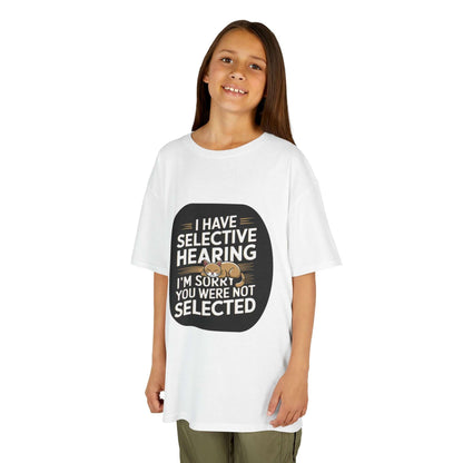 Kids tee with a sleeping cat and funny quote: 'I have selective hearing, I'm sorry you were not selected'.