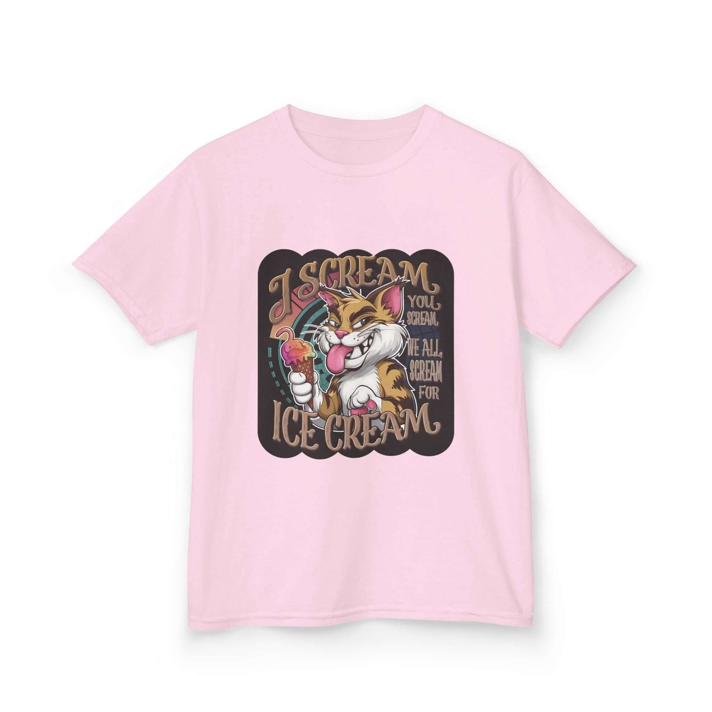 Kids tee with playful cat eating ice cream design and text "I scream, you scream, we all scream for ice cream" in pink.