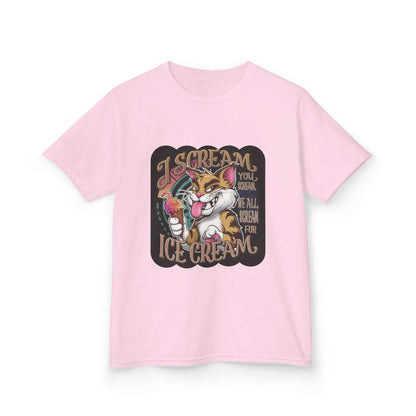 Kids tee with playful cat eating ice cream design and text "I scream, you scream, we all scream for ice cream" in pink.
