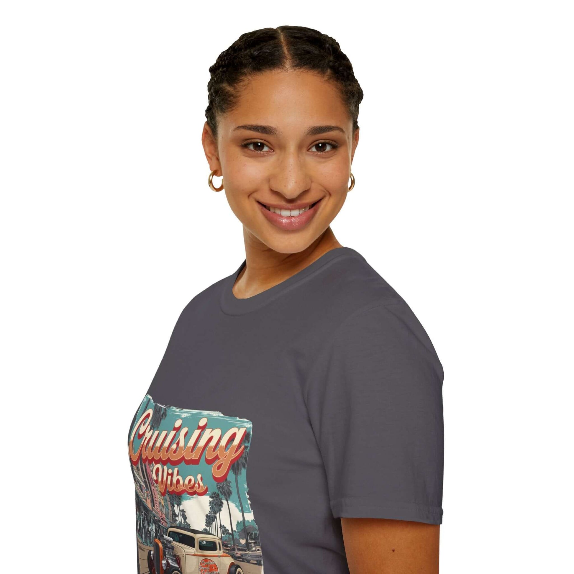 Model wearing 'Cruising Vibes' vintage hotrod T-Shirt with palm tree design, perfect for summer and car lovers.