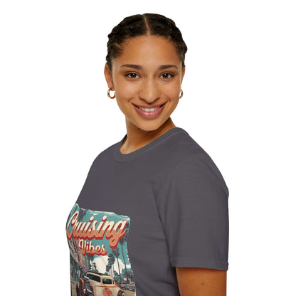 Model wearing 'Cruising Vibes' vintage hotrod T-Shirt with palm tree design, perfect for summer and car lovers.