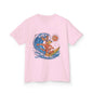 Cool kangaroo surfing a wave design on light pink Kid's Tee for beach lovers and surfing families.
