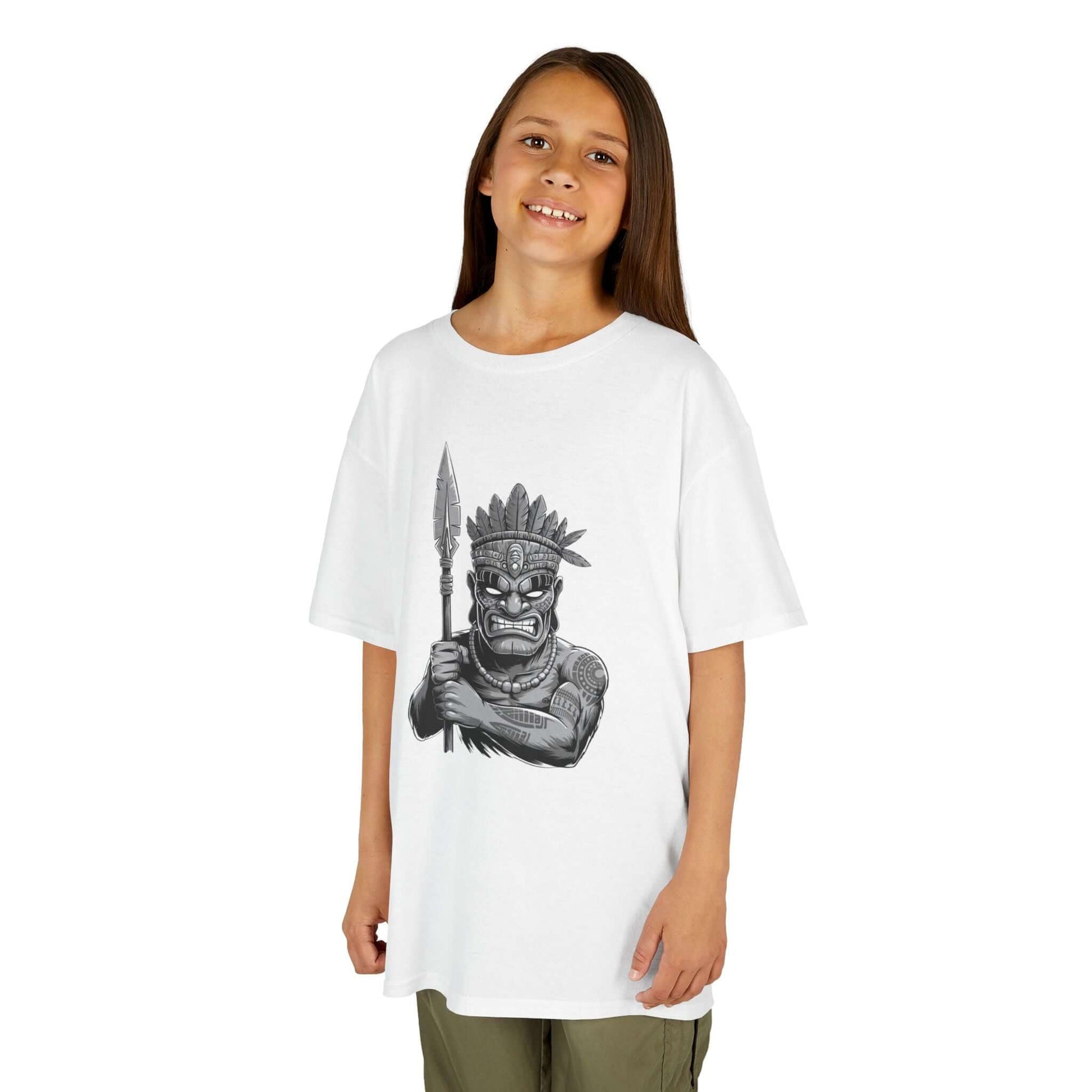 Kids Tee featuring a fun black and white Tiki character design with spear, perfect for casual wear and unique fashion.